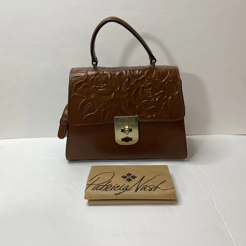 NWT PATRICIA NASH Chauny Rose Tooled Leather Satchel Bag Tan